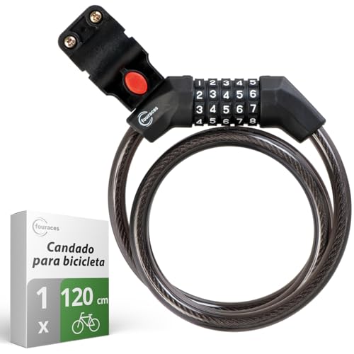 fouraces candado para bicicleta, candado en espiral de 120 cm, combinación de 5 dígitos, 12 mm, candados de cable para patinetes eléctricos, bicicletas, moto, antirrobo negro