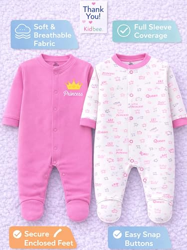 Image of Kidbee Baby Cotton Romper Pack of 2 | 100% Soft Cotton Hosiery | Front Open Snap Buttons | Full Sleeve Footed Sleepsuit | Newborn Baby Clothing Set