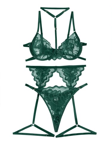 Lilosy Petite Sexy Choker Floral Lace Scallop Sheer Underwire Push Up Garter Belt Lingerie Set 3 Piece for Women See Through Bachelorette Bra and Panty Army Green XX-Small