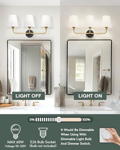 Image of Bathroom Light Fixtures, Black and Gold Vanity Lights with Flared White Fabric Shade, 3-Light Wall Sconce, Modern Sconces Wall Lighting for Hallway Bedroom, VL837-KG-3