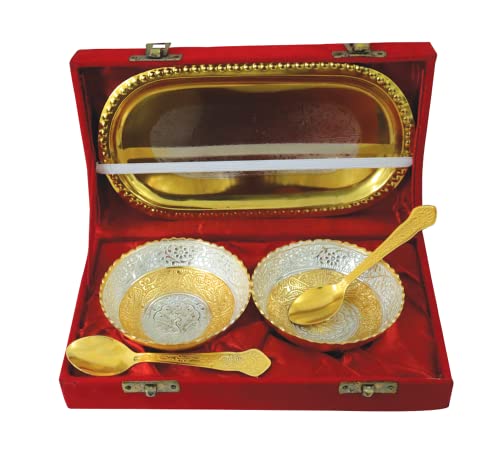 BRACOP Messingschale, indische kleine antike Schale, dekorative Dessertschalen mit Löffel und Tablett, Abendessen, Servierplatte, Geschirr, Annaprashan, Dekoration, Salat, Suppe, große Schüssel Cover