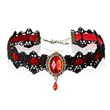 [NazyJnn] レース チョーカー ネックレス サファイア 宝石付き ゴシック ロマンティック ビンテージ チョーカー ハロウィン アクセサリー 女性用 レッド