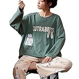 RGVV Schlafanzug Damen Kurz, Lässige Langarm-Pyjamas Aus Baumwolle, Neuheit, Cartoon-Kaninchen, Grün, Nachthemd, Hose, Herbst, Winter, Warmes Nachthemd, Damen-Lounge-Sets Für Drinnen Und Draußen, XL