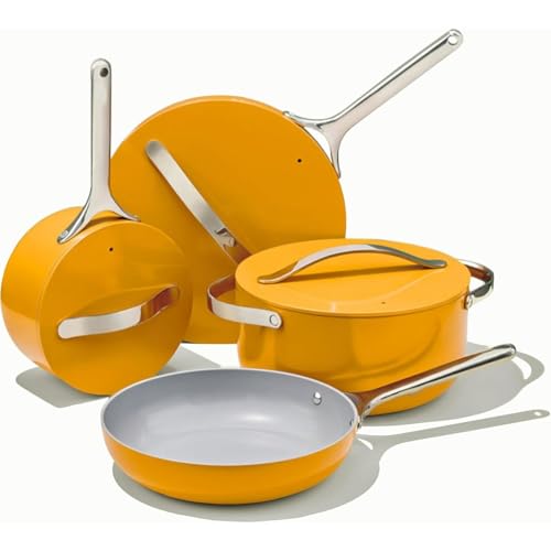 Juego de utensilios de cocina de cerámica antiadherente (12 piezas) con ollas, sartenes, tapas y utensilios de cocina. Apto para horno. Marigold (12 piezas/Marigold).