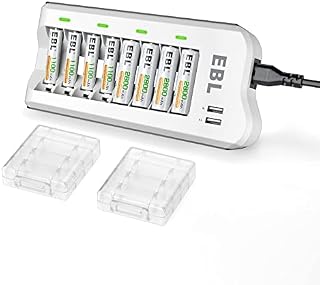 EBL Upgraded USB Outputs 8 Bays AA AAA Battery Charger with 8 Counts Rechargeable Batteries (4 X 2800mAh AA and 4 X 1100mAh AAA)