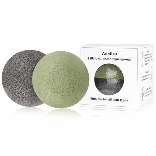 Zabiltro 洗顔スポンジパフ こんにゃく玉 蒟蒻 純植物性 男女兼用 優しい顔のクレンジング 角質除去 スキンケア ボディ洗浄 アロエ+竹炭 2個入
