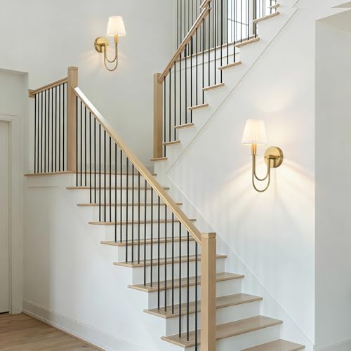 Image of ETONIMERR Antique Brass Wall Sconces Set of Two, White Pleated Fabric Wall Light Fixtures with Gold Curved Arm, Vintage Gold Wall Sconce for Bedroom Living Room Hallway, Brass Finish Sconces