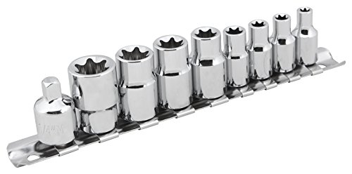 Performance Tool W1338 Heat-Treated Steel Socket Set With Chrome Finish, Bonus Rail And Adapter, Includes 8 Torx Sizes In 1/4 And 3/8" Drives #TOP9