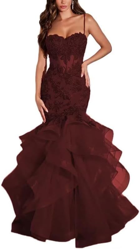 Lace Applique Mermaid Prom Dress for Women Tulle Ball Gown Long Spaghetti Strap Formal Evening Dress MR25