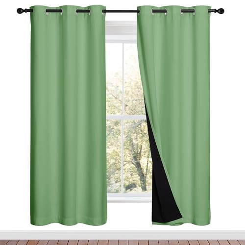Image of NICETOWN 100% Blackout Window Curtain Panels, Forest Green, 2 Pieces, 42-inch Wide Per Panel, Full Light Blocking Drapes with Black Liner for Nursery, 72-inch Drop Thermal Insulated Draperies