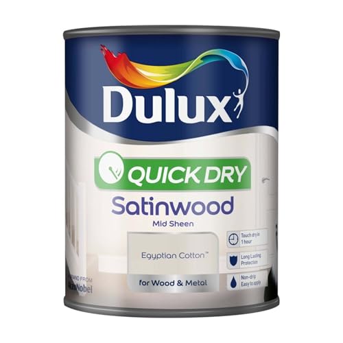 Dulux Quick Dry Satinwood Paint Egyptian Cotton, Mid Sheen Finish, Fast Drying, Interior & Exterior, Suitable for Wood and Metal Surfaces, 750ml