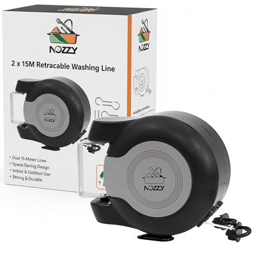 Nozzy Retractable Washing Line, Dual 15-Meter Lines, Space-Saving Design, Indoor and Outdoor Use, Strong and Durable, Wall Mounted Clothes Drying Line