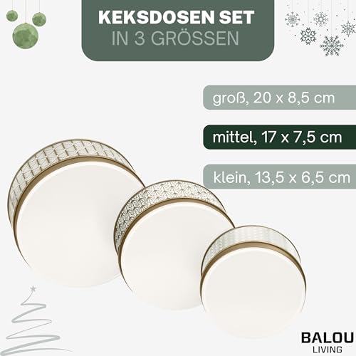BALOU LIVING 3er Set Keksdose Weihnachten - Weihnachtskeksdosen aus Metall - Weihnachtliche Plätzchendose Blechdose, Pattern weiss/gold