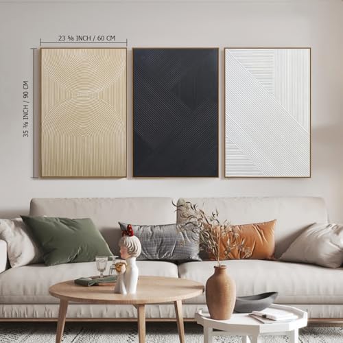 Image of Large Boho Textured 3D Wall Art Neutral Set of 3-24 inchx36 inch Hand-Painted Abstract Framed Paintings for Living Room, Bedroom - Modern Minimalist Black White Neutral Boho Decor