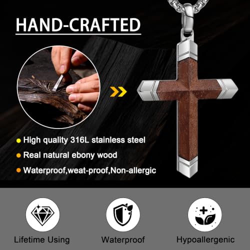 Image of Wooden Cross Necklace for Men with Stainless Steel Adjustable Chain 24-26in, Christian Wood Crucifix Pendant Gift for Him