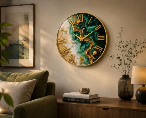 Image of Resin Art Wall Clock with Gold Roman Numerals, Green & Gold | Rasin Effect Dial, Gold Metal Frame, Fluid Art Design, Home Decor, Round Shape