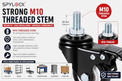 Image of Heavy Duty Castor Wheels Furniture | Set of 4 Heavy Duty Caster Wheels with Brake & Without Brake | M10 Threaded Stem Swivel Castor Wheels | 360 Rotation | Trolley,