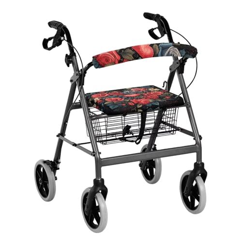 Uorisanigo Rollator Walker Accessories Seat Cover Red Rose Heart Walker Seat Cover for Ladies Fabric Rollator Walker Seat and Backrest Covers Soft Walkers for Seniors with Seat Covers