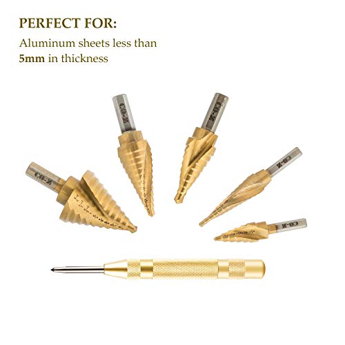 CO-Z HSS 5PCS Titanium Spiral Grooved Step Drill Bit Set with Automatic Center Punch, Unibit Drill Bits Set for Sheet Metal with Aluminum Case, Multiple Hole Stepped up Bits for DIY Lovers