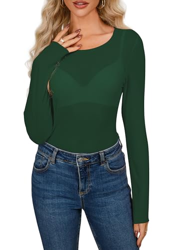 Homlan Top de Malla para Mujer, Manga Larga, Sexy, Parte Superior de Malla, Transparente, Blusa Floral Transparente, M-Verde., M