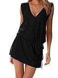 ERGEOB® Kurzes Luftiges Damen Sommerkleid mit tiefem V-Ausschnitt in Schwarz - Rückenfreies Freizeitkleid Ideal als Bikini Cover Up, Strand, Urlaub, Pool, Meer, See, Sommernächte, Party.