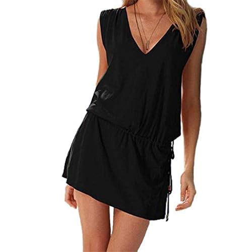 ERGEOB® Kurzes Luftiges Damen Sommerkleid mit tiefem V-Ausschnitt in Schwarz - Rückenfreies Freizeitkleid Ideal als Bikini Cover Up, Strand, Urlaub, Pool, Meer, See, Sommernächte, Party.
