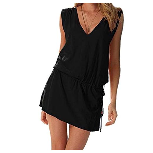 ERGEOB® Kurzes Luftiges Damen Sommerkleid mit tiefem V-Ausschnitt in Schwarz - Rückenfreies Freizeitkleid Ideal als Bikini Cover Up, Strand, Urlaub, Pool, Meer, See, Sommernächte, Party.