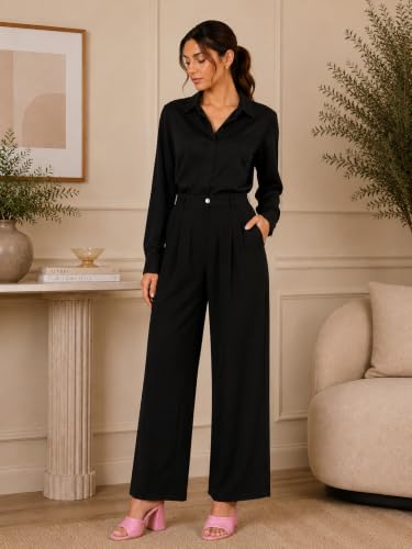 Image of FYLTR Women's Stretchable High Waist Wide-Leg Front Pleated Formal Trouser