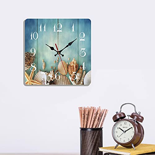 Ocean Wooden Wall Clock Silent Non-Ticking , Summer Star Sea Shells Wooden Blue Beach Vintage Square Rustic Coastal Wall Clocks Decor For Home Kitchen Living Room Office, Battery Operated (12 Inch) #TOP5