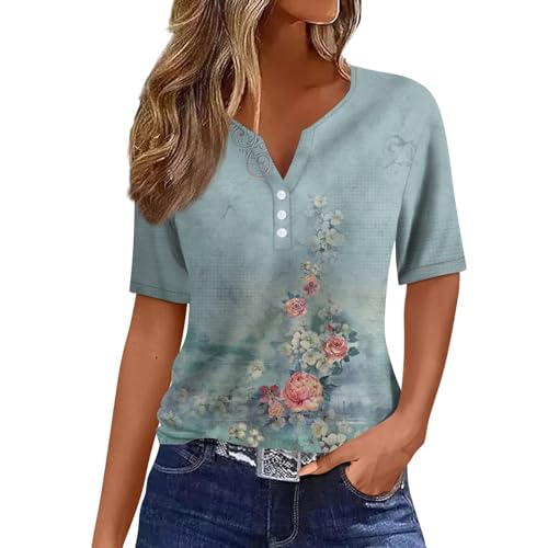 Summer Tops for Women 2025 Trendy Vacation Short Sleeve Button Vn...