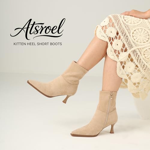 Image of Womens Brown Suede Fall Boots with Side Zip, Ankle, Mid Calf, Pointed Toe, Kitten Heel, Dressy, Short Boots