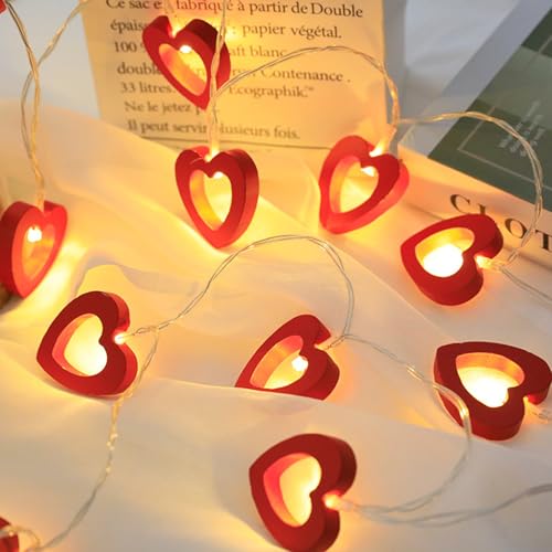 Satiskid Warm White Wooden Heart String Lights, 1.5m 10 LED Battery Powered Fairy Lights for Valentine's Day Wedding Mother's Day Anniversary Decor, Indoor Decorative String Lights (Red)