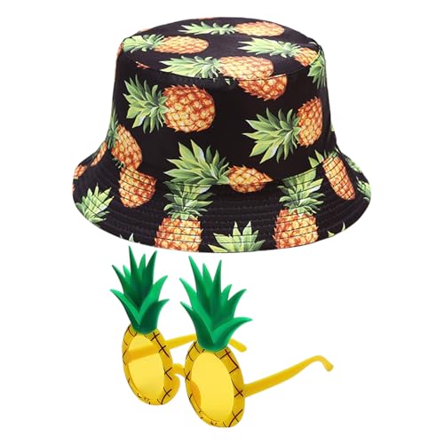CHSZSH 1 Sombrero De Pescador Para Mujer, 1 Par De Gafas De Piña, Sombrero Para El Sol Con Patrón De Piña, Lindo Sombrero Para El Sol Para Mujer, Sombrero De Verano