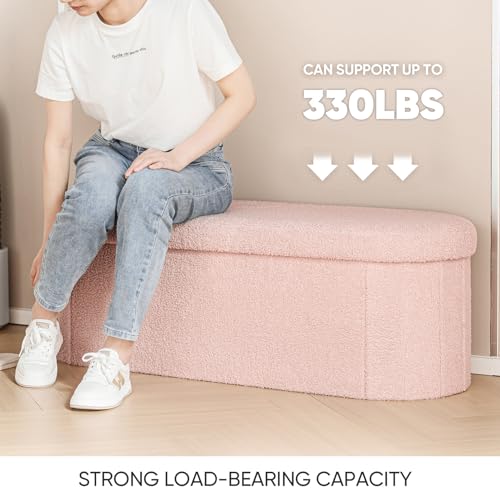 Image of B FSOBEIIALEO Ottoman with Storage for Living Room, Sherpa Folding Storage Ottoman Foot Rest, 43.3 Inches Collapsible Bedroom Bench Pink