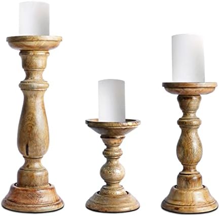 Mela Artisans Light Burnt Hand Carved Wooden Pillar Candle Holders - Set of 3 | Tuli Decorative Style | Crafted from Mango Wood | Rustic Table Centerpiece Decor | Sized 6", 9" and 12"