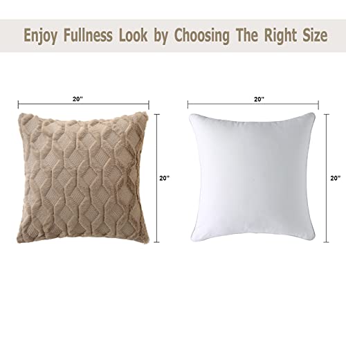 Volcanics Pack of 2 Faux Wool Throw Pillow Covers 20x20 Inches Decorative Farmhouse Velvet Couch Pillow Case Soft Plush Square Boho Cushion Pillowcase, Light Brown