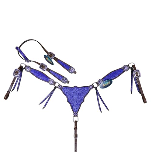 MOUSM Western Headstall & Breast Collar Tack Set – Gladiator Style with Clyster Stones & Leather Fringe | Genuine Argentine Cow Leather | Antique Nickel Hardware (Royal Blue)