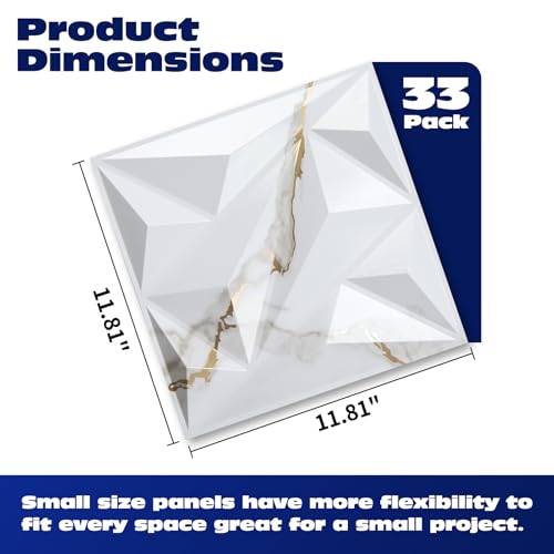 Image of Art3dwallpanels 33 Pack 3D Wall Panel Diamond for Interior Wall Decor, PVC Textured Wall Panels, 12''x12'' Cover 32.Sq.Ft. Gold Veined White