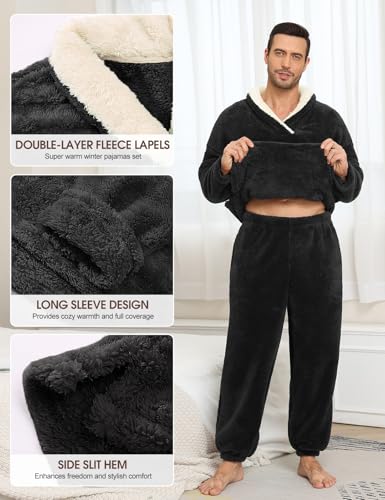 Mens Pajamas Set Long Sleeve Soft Fleece Fluffy Sleepwear Winter Warm Pjs Lounge Sets Flannel Sleepwear with Pockets3