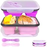 PTOIYUT 2 Pack Collapsible Silicone Lunch Box Set, 2 Compartments Bento Boxes with Lids, Food Storage Containers for Meal Prep, Office, Travel, Camping, BPA Free