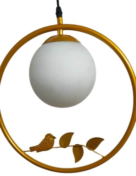 LIGHTZILLIA Spherical Golden Metal Bird Circular with White Lampshade Pendant Hanging Light Ceiling Lamp for Livingroom, Dinning Table, Restaurants, Coffee Cafe's (Bulb not Include)
