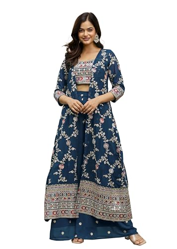 Image of TRENDMALLS Women's Georgette Embroidery Sequence Work Crop Top with Flared Palazzo and Shrug Set Ethnic Salwar Set