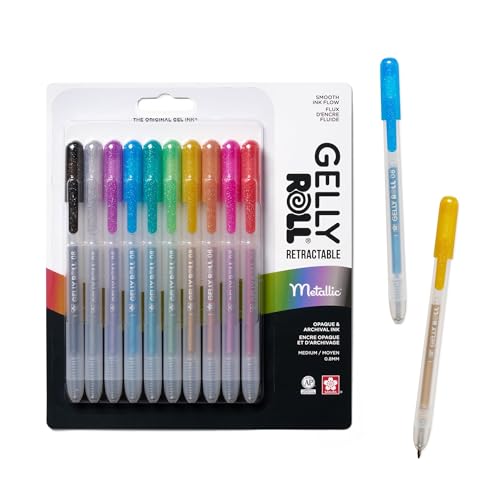 SAKURA Gelly Roll Retractable Gel Pens Colored - Metallic Gel & Medium Point - For Journaling, Art, or Drawing - With Assorted Colored Ink - 10 Pens
