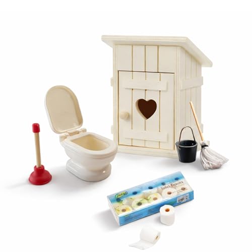 Zouonou Wichtel Toilette Set 6-teilig Miniatur WC Zubehör für Wichteltür Holz Toilettenhäuschen mit klappbarer Mini Toilette Wichtelhaus Miniatur Deko & Zubehör