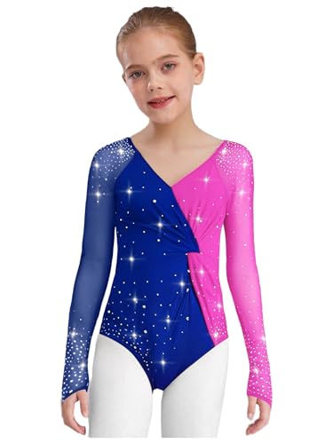 Alvivi Leotardo de Danza con Piedras Brillantes Maillot de Mangas Largas para Niñas Bodies Ballet Body de Gimnasia Rítmica Colorido para Actuación Rosa caliente 9-10 años