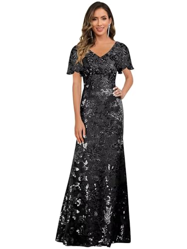 V Neck Mother of The Bride Dresses for Women Short Sleeve Long Sequin Lace Evening Formal Dress