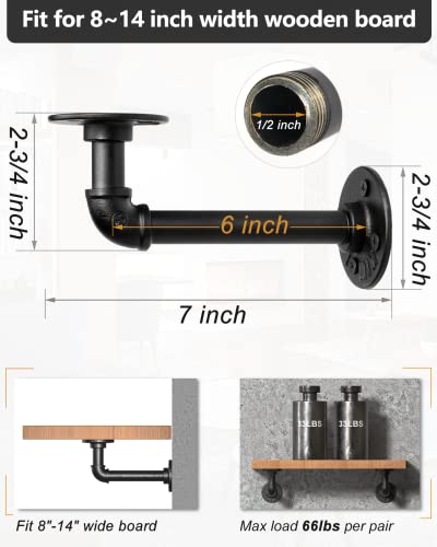 Luckin Pipe Shelf Brackets For Diy 8 10 12 14 Inch Floating Shelves, Industrial Iron Pipe Bracket, Heavy Duty Metal Shelving Brackets, Black, 6-Pack #TOP1