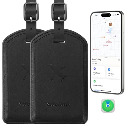 Luggage Tags Built-in Anti-Loss Tracker, Luxury Leather Luggage Tags for Suitcase, Travel Bags, Backpacks, Travel Organizer for Lost Baggage Prevention (Black*2 Pack)