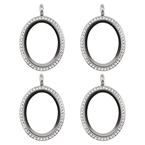 WANDIC Rhinestone Photo Charm, 4 Pcs Oval Silver white Crystal Photo Pendant Bridal Wedding Bouquet Charms Living Floating Memory Lockets for 2 Pictures