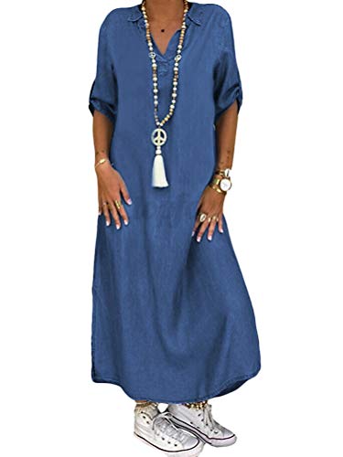 Yesgirl Damen Boho Jeanskleid Sommerkleid Frauen Casual Loose Jeans Kleider V-Ausschnitt Lange Ärmel Einfarbig Faltenrock A-Linie Maxi Denimkleid...